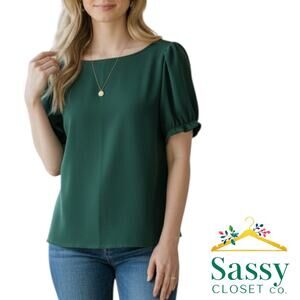 Ann Taylor Pine Green Puff Short Sleeve Crew Neck Top Women’s Medium EUC